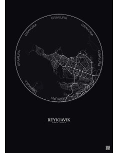 Affiche Reykjavik – Poster carte de ville 6km | Gravura – Fond foncé 2