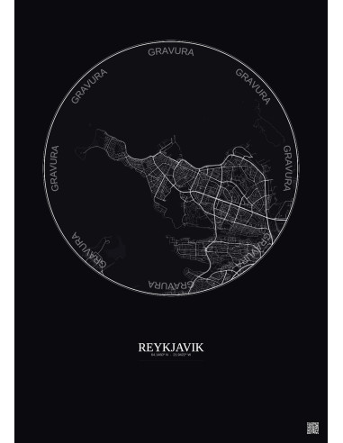 Affiche Reykjavik – Poster carte de ville 6km | Gravura – Fond foncé