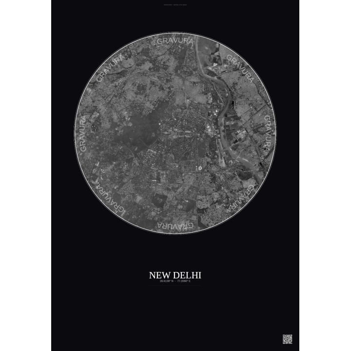 Affiche New Delhi – Poster vue satellite 10km N&B | Gravura – Fond foncé