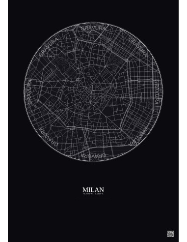 Affiche Milan – Poster carte de ville 2.5km | Gravura – Fond foncé