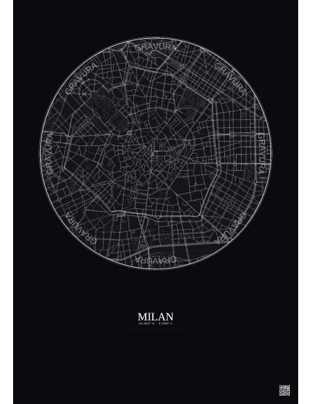 Affiche Milan – Poster carte de ville 2.5km | Gravura – Fond foncé