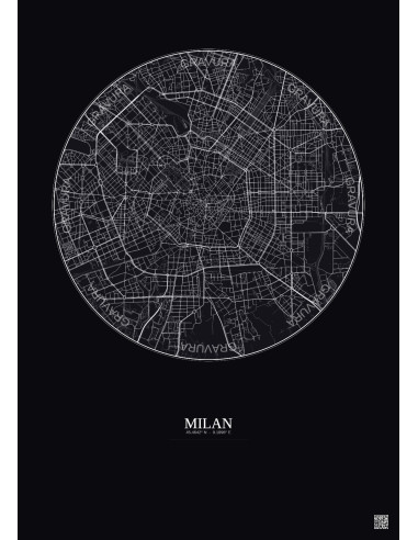 Affiche Milan – Poster carte de ville 5km | Gravura – Fond foncé