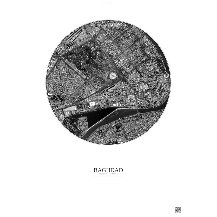 Affiche Baghdad – Poster vue satellite 2.5km N&B | Gravura – Fond clair