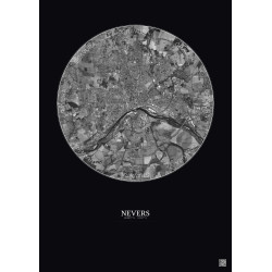 Affiche Nevers – Poster vue satellite 5km N&B | Gravura – Fond foncé