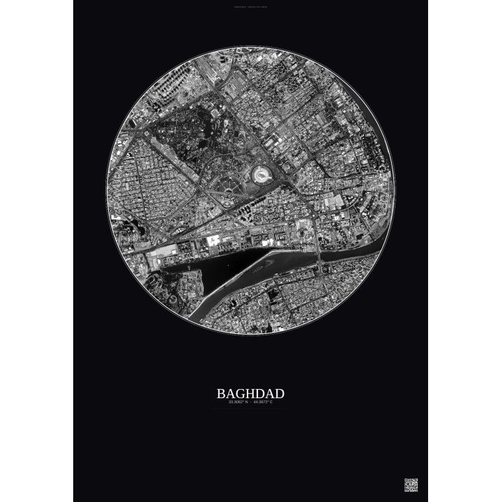 Affiche Baghdad – Poster vue satellite 2.5km N&B | Gravura – Fond foncé