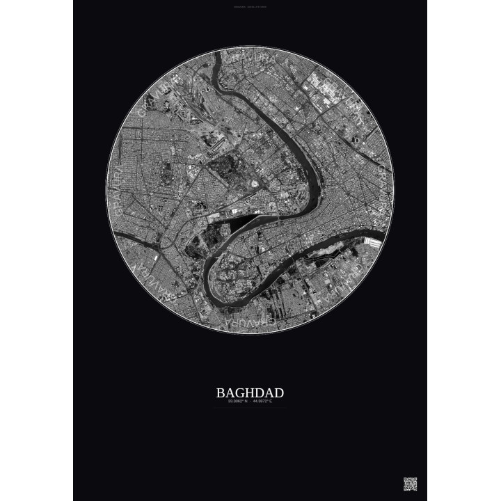 Affiche Baghdad – Poster vue satellite 6km N&B | Gravura – Fond foncé