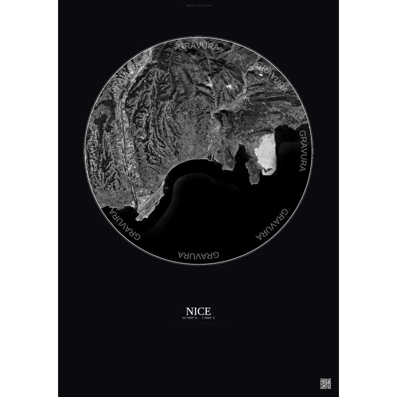 Affiche Nice – Poster vue satellite 10km N&B | Gravura – Fond foncé