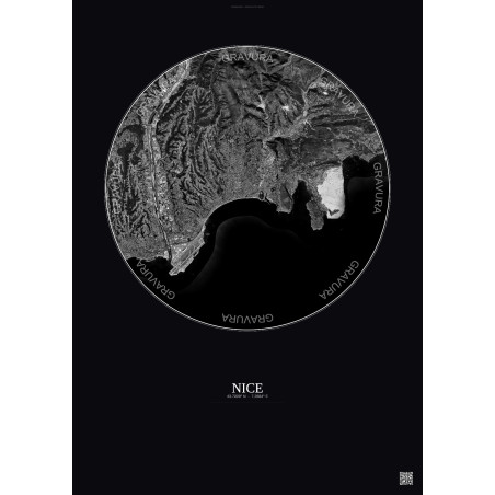 Affiche Nice – Poster vue satellite 10km N&B | Gravura – Fond foncé