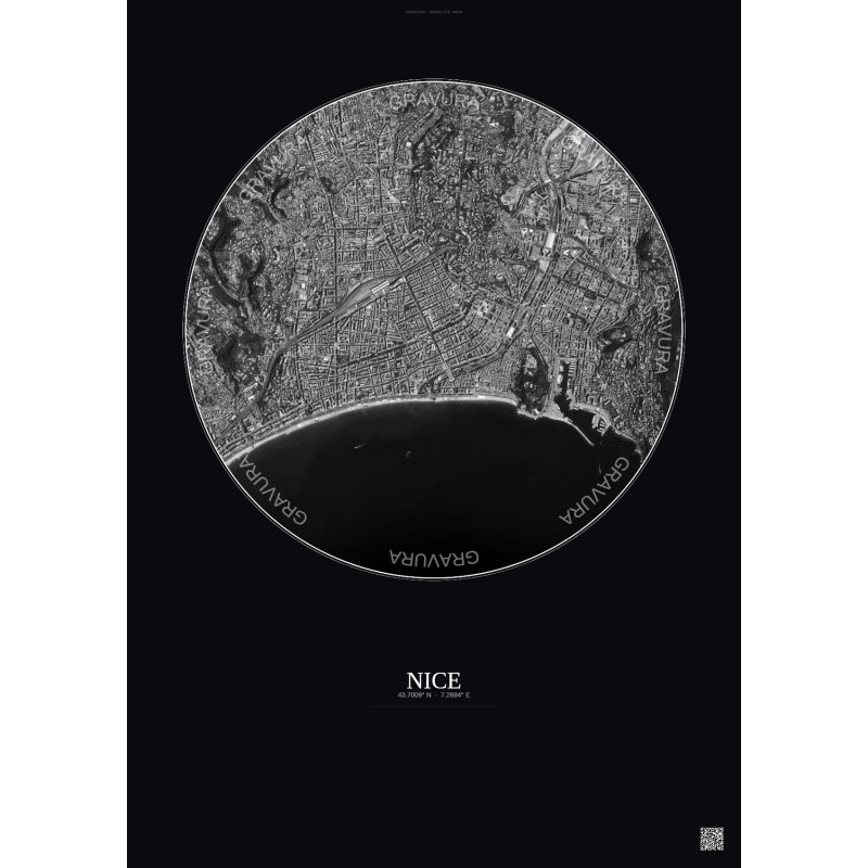 Affiche Nice – Poster vue satellite 2.5km N&B | Gravura – Fond foncé