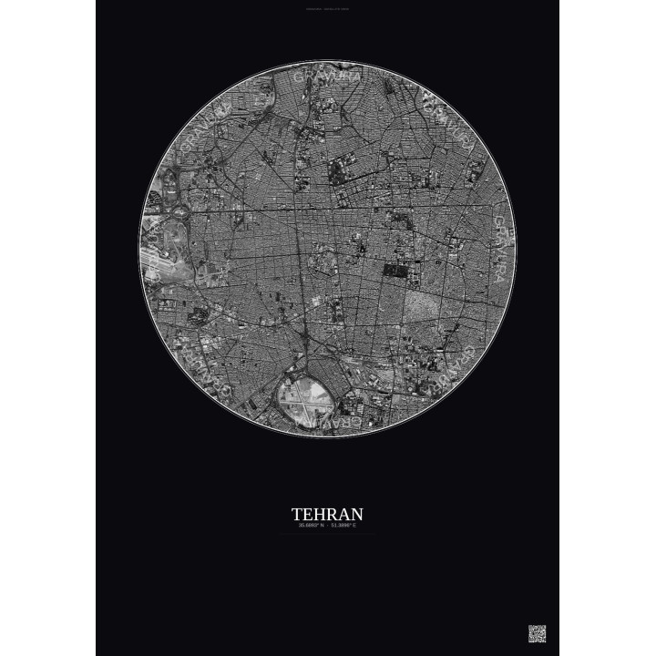 Affiche Tehran – Poster vue satellite 6km N&B | Gravura – Fond foncé