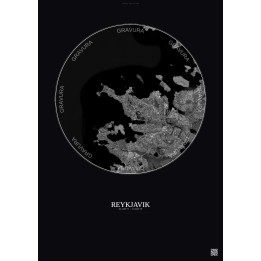 Affiche Reykjavik – Poster vue satellite 10km N&B | Gravura – Fond foncé