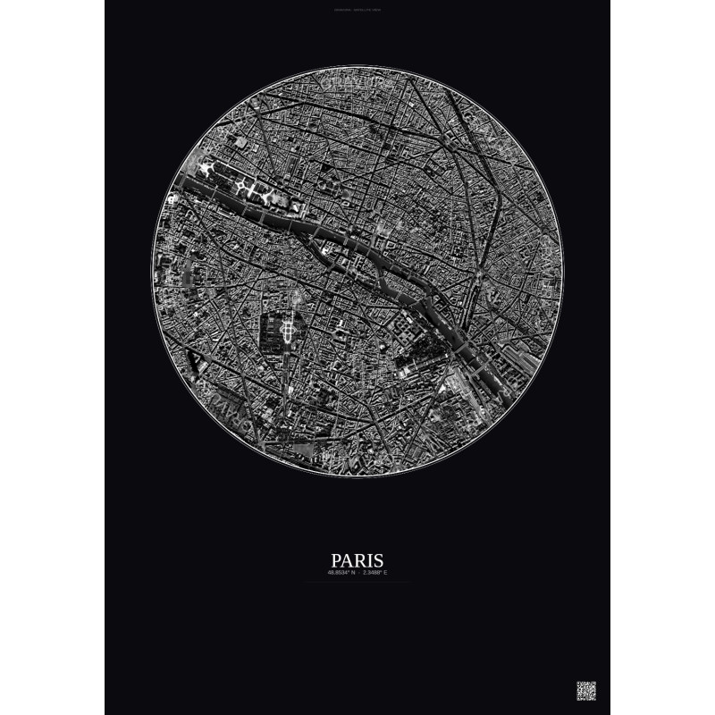 Affiche Paris – Poster vue satellite 2.5km N&B | Gravura – Fond foncé