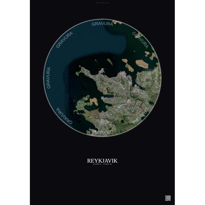 Affiche Reykjavik – Poster vue satellite 10km Couleur | Gravura – Fond foncé