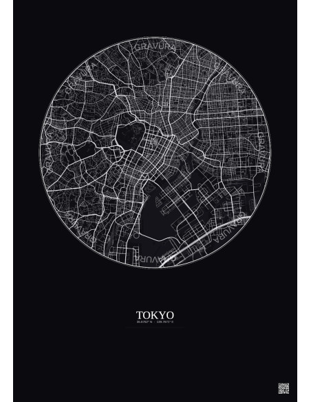 Affiche Tokyo – Poster carte de ville 6km | Gravura – Fond foncé