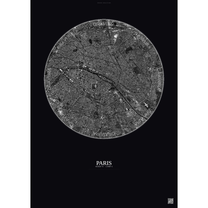 Affiche Paris – Poster vue satellite 6km N&B | Gravura – Fond foncé