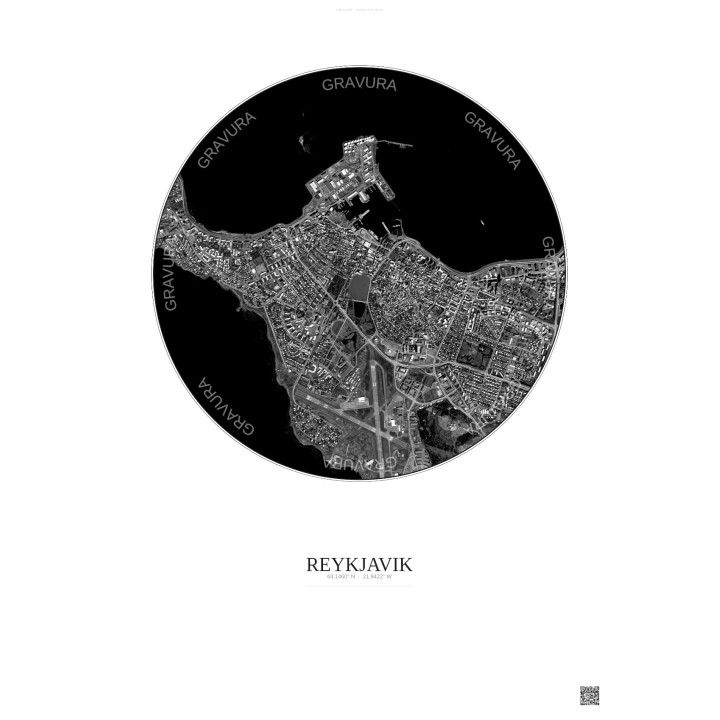 Affiche Reykjavik – Poster vue satellite 2.5km N&B | Gravura – Fond clair