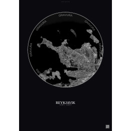 Affiche Reykjavik – Poster vue satellite 6km N&B | Gravura – Fond foncé