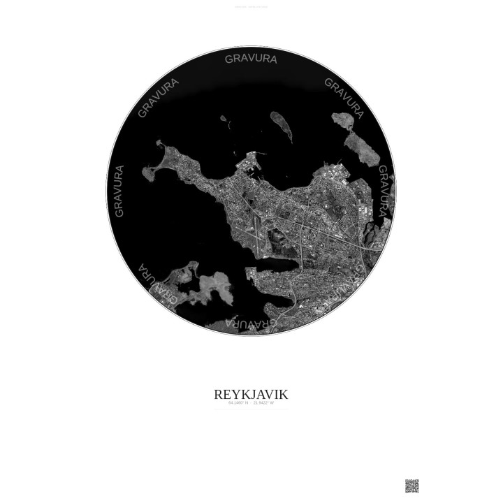 Affiche Reykjavik – Poster vue satellite 6km N&B | Gravura – Fond clair