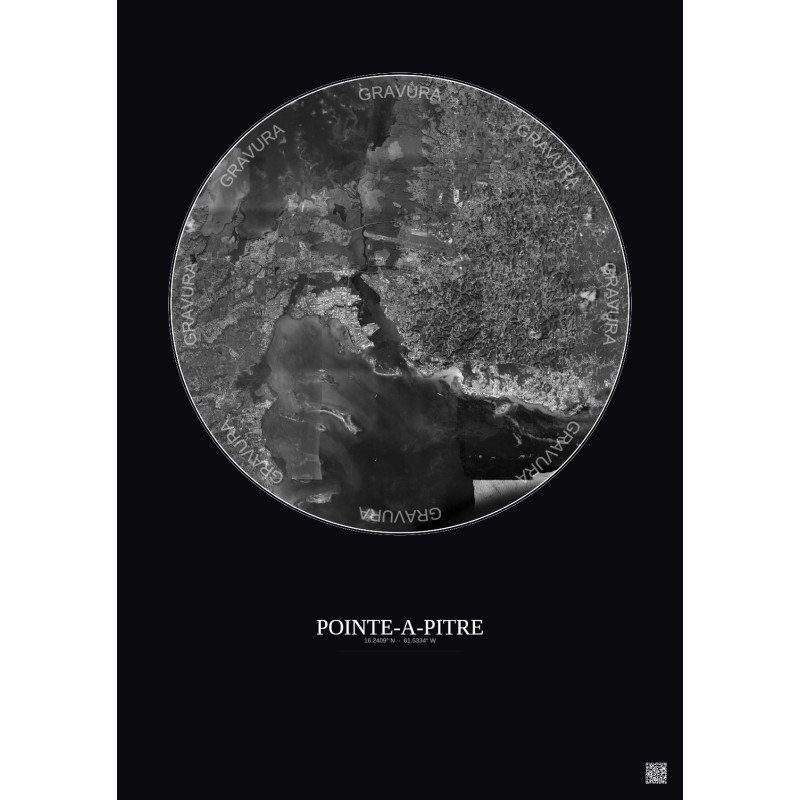 Affiche Pointe A Pitre – Poster vue satellite 10km N&B | Gravura – Fond foncé