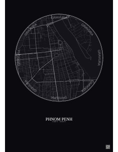 Affiche Phnom Penh – Poster carte de ville 2.5km | Gravura – Fond foncé 2