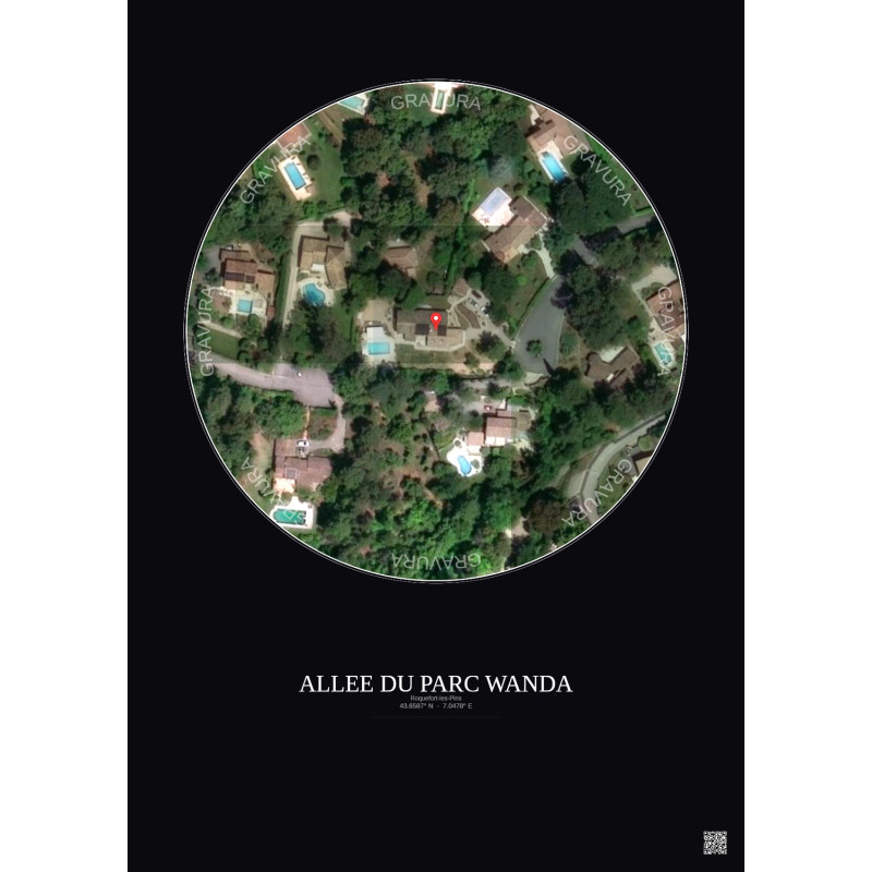 Affiche Roquefort Les Pins – Poster vue satellite 0.1km Couleur | Gravura – Fond foncé