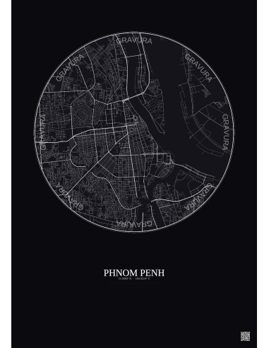 Affiche Phnom Penh – Poster carte de ville 6km | Gravura – Fond foncé