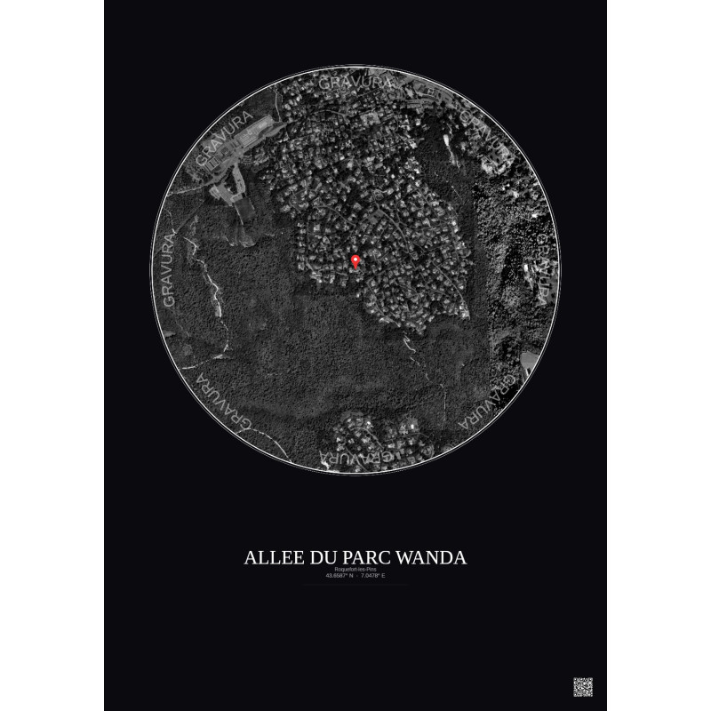 Affiche Roquefort Les Pins – Poster vue satellite 1km N&B | Gravura – Fond foncé