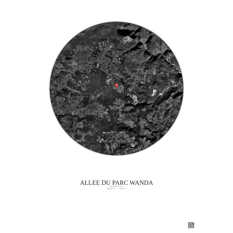 Roquefort Les Pins Satellite View Poster 5km B&W | Gravura – Light background