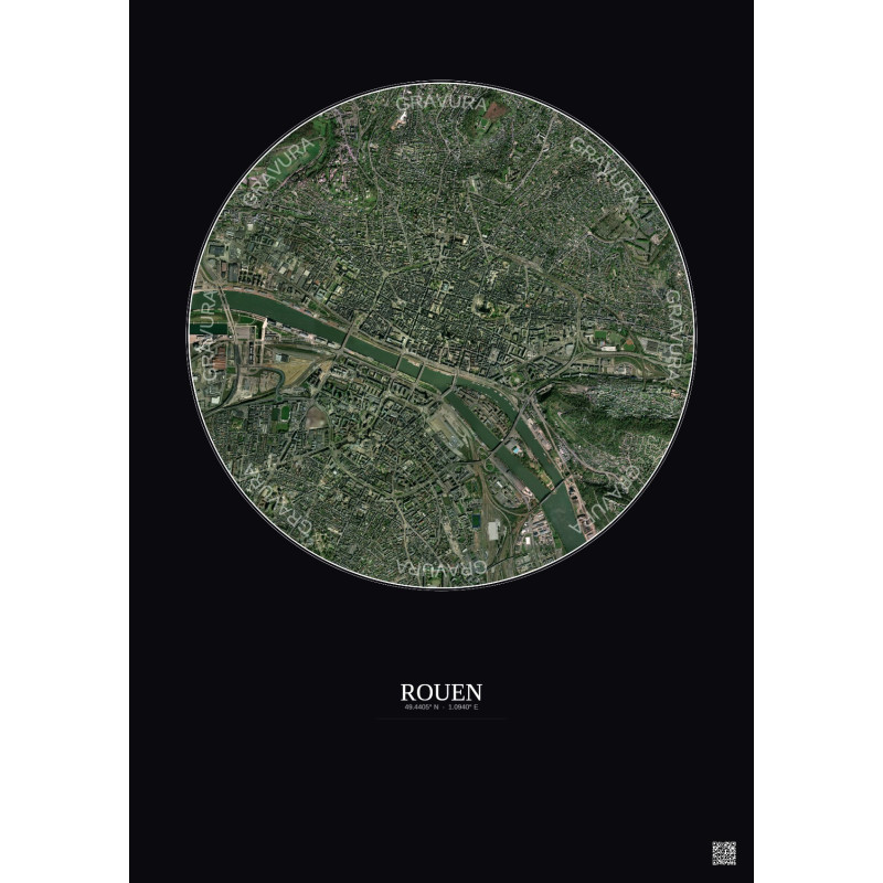 Affiche Rouen – Poster vue satellite 2.5km Couleur | Gravura – Fond foncé