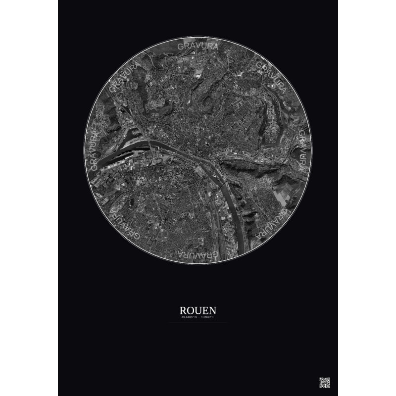 Affiche Rouen – Poster vue satellite 5km N&B | Gravura – Fond foncé