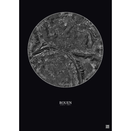 Affiche Rouen – Poster vue satellite 5km N&B | Gravura – Fond foncé