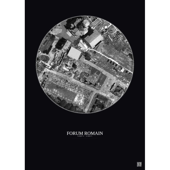 Affiche Forum Romain – Poster vue satellite 0.1km N&B | Gravura – Fond foncé