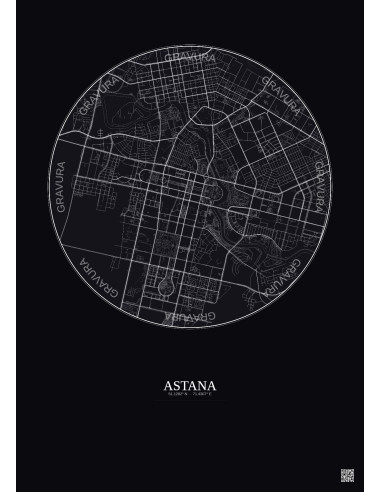 Affiche Astana – Poster carte de ville 6km | Gravura – Fond foncé