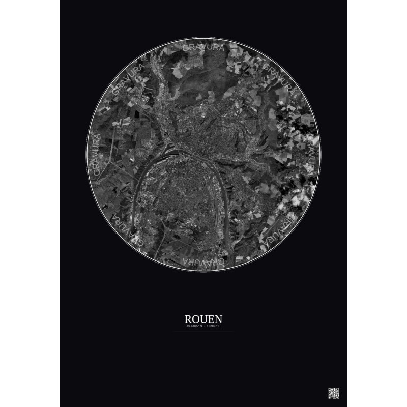 Affiche Rouen – Poster vue satellite 10km N&B | Gravura – Fond foncé