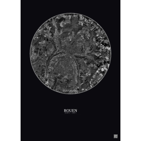 Affiche Rouen – Poster vue satellite 10km N&B | Gravura – Fond foncé