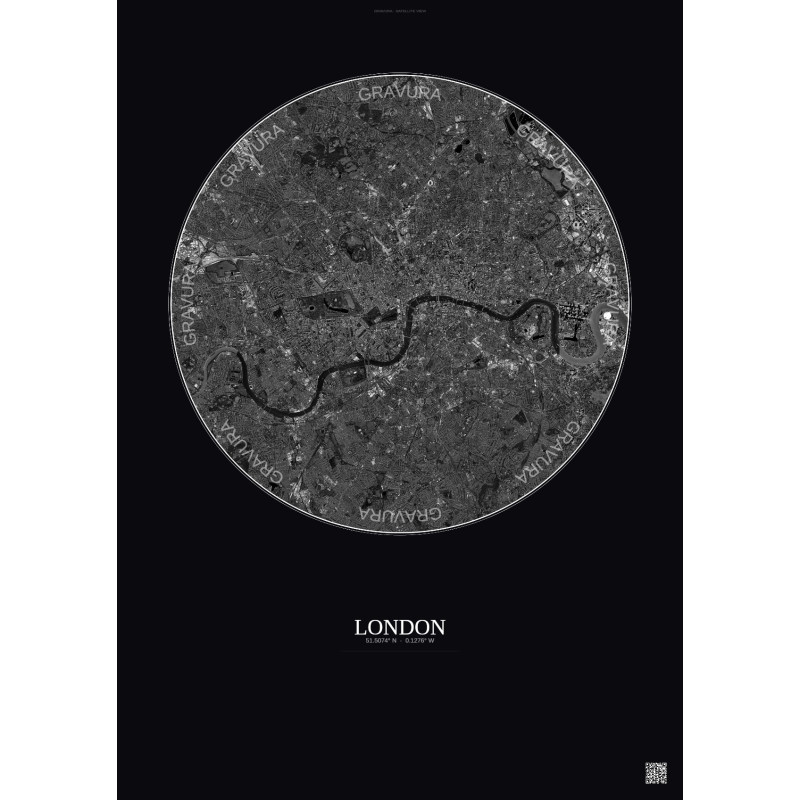 Affiche London – Poster vue satellite 10km N&B | Gravura – Fond foncé