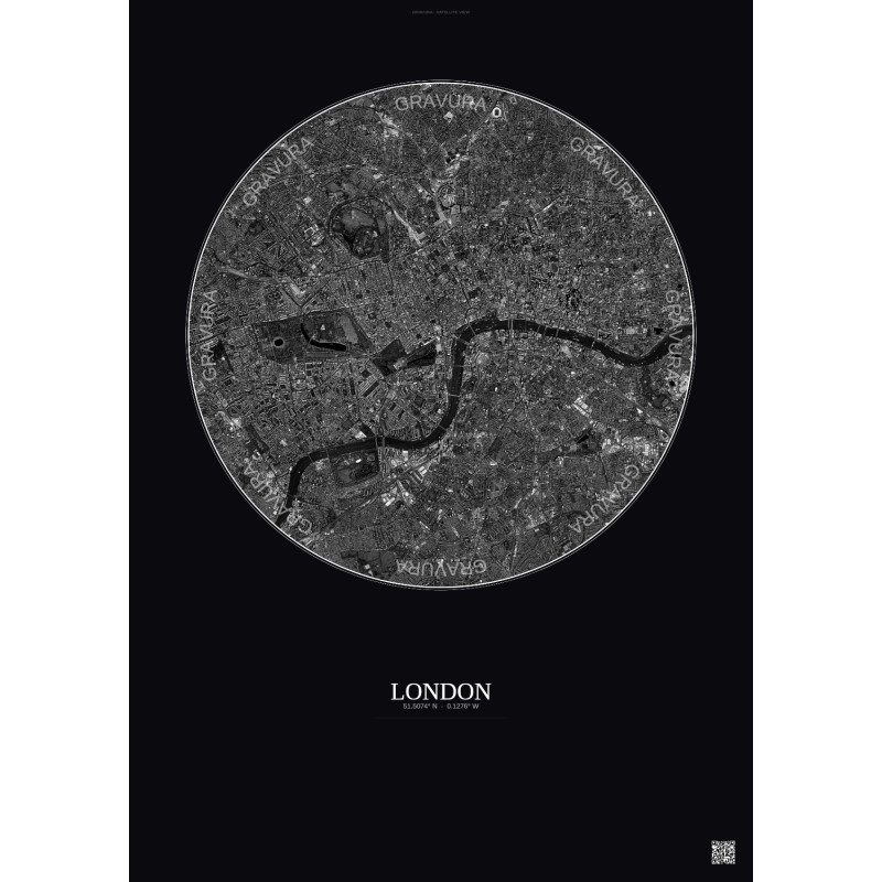 Affiche London – Poster vue satellite 6km N&B | Gravura – Fond foncé