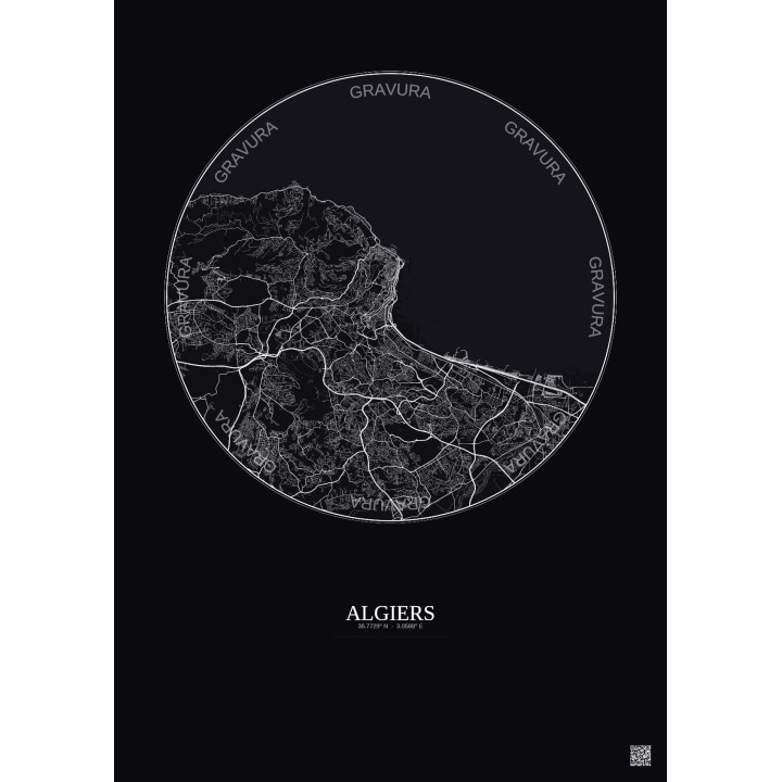 Affiche Algiers – Poster carte de ville 10km | Gravura – Fond foncé