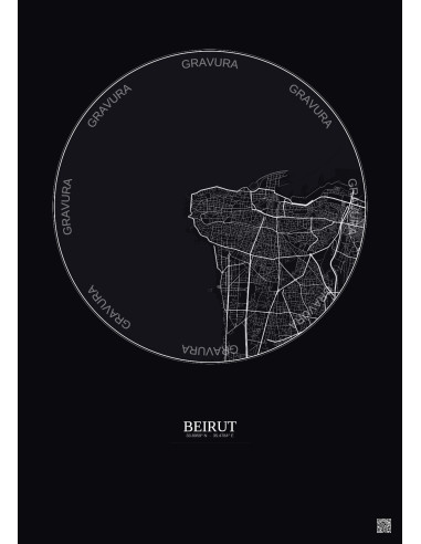 Affiche Beirut – Poster carte de ville 6km | Gravura – Fond foncé