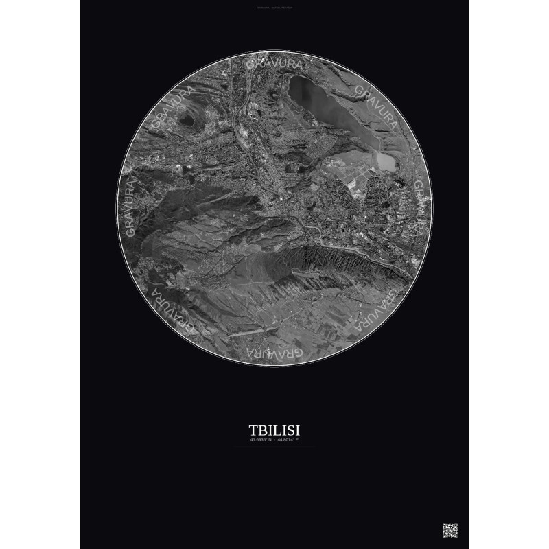Affiche Tbilisi – Poster vue satellite 10km N&B | Gravura – Fond foncé