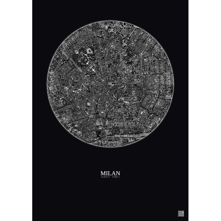 Affiche Milan – Poster vue satellite 2.5km N&B | Gravura – Fond foncé