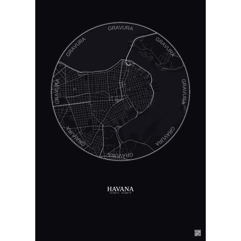 Affiche Havana – Poster carte de ville 2.5km | Gravura – Fond foncé