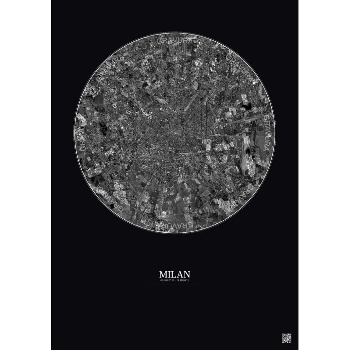 Affiche Milan – Poster vue satellite 10km N&B | Gravura – Fond foncé