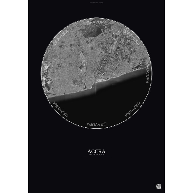 Affiche Accra – Poster vue satellite 10km N&B | Gravura – Fond foncé