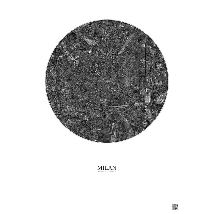Affiche Milan – Poster vue satellite 5km N&B | Gravura – Fond clair
