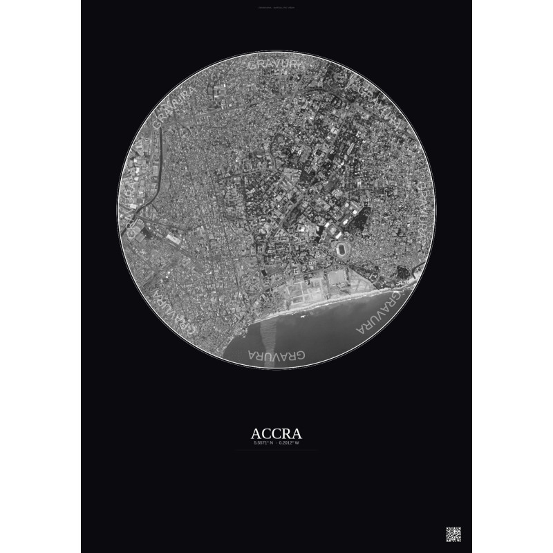 Affiche Accra – Poster vue satellite 2.5km N&B | Gravura – Fond foncé