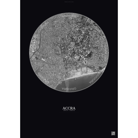 Affiche Accra – Poster vue satellite 2.5km N&B | Gravura – Fond foncé