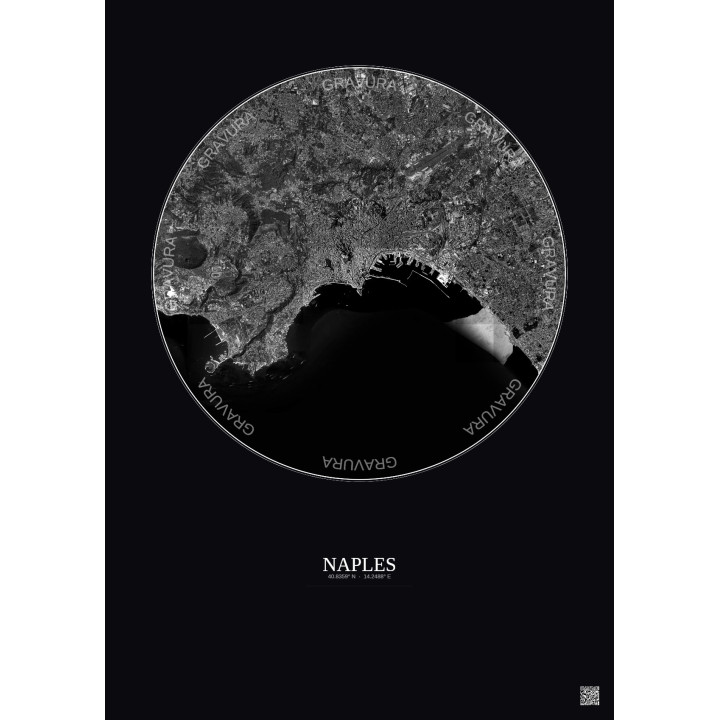 Affiche Naples – Poster vue satellite 10km N&B | Gravura – Fond foncé
