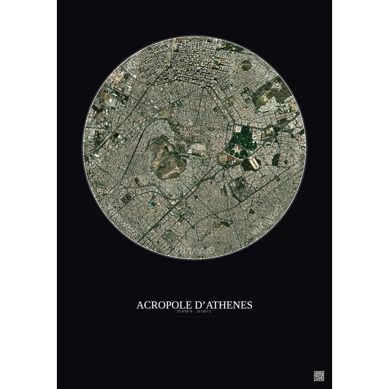 Affiche Acropole Dathenes – Poster vue satellite 2.5km Couleur | Gravura – Fond foncé