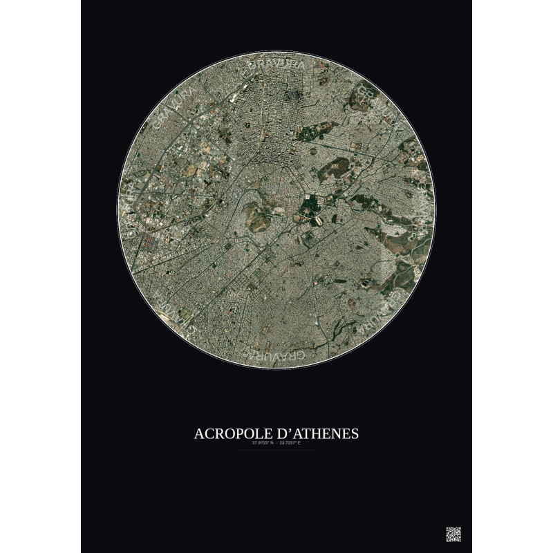 Affiche Acropole Dathenes – Poster vue satellite 5km Couleur | Gravura – Fond foncé